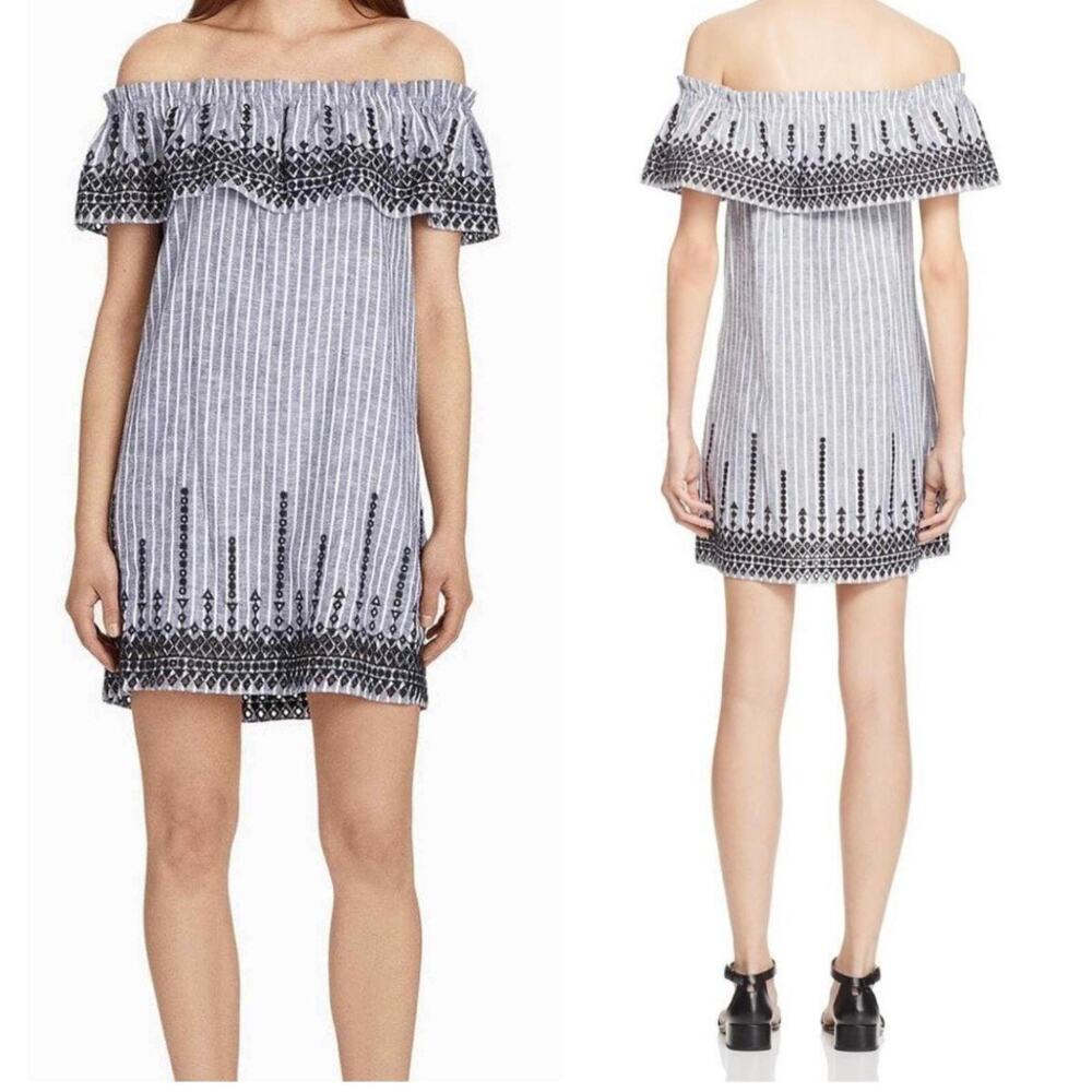 Parker Jeanette Blue Linen Blend Off the Shoulder  Mini Dress XS